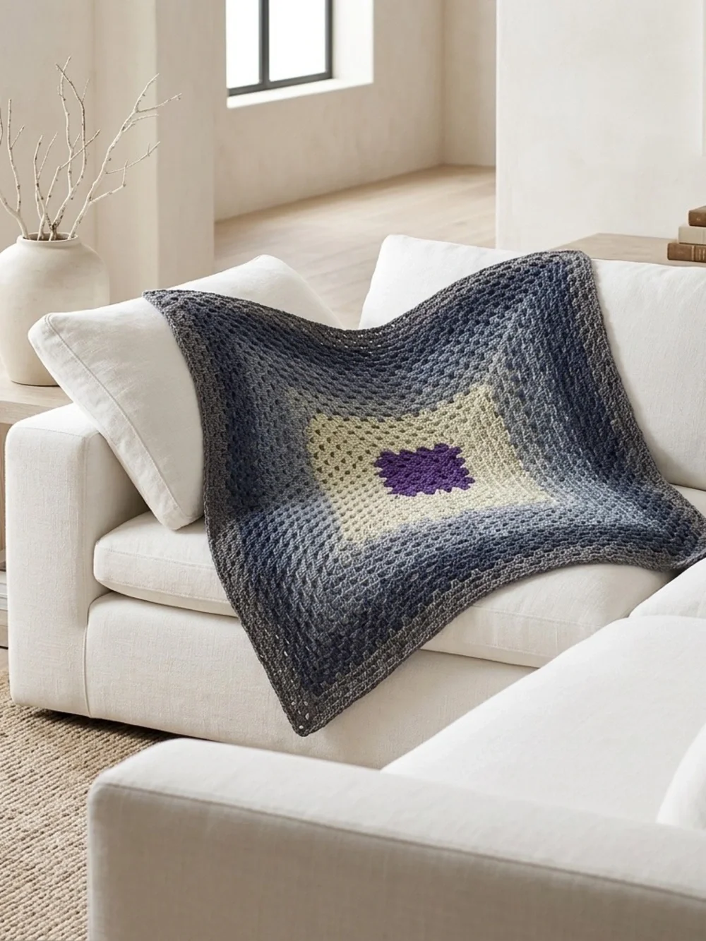 Handmade Crochet Throw Blanket Granny Square Afghan Purple Blue Grey 33x33